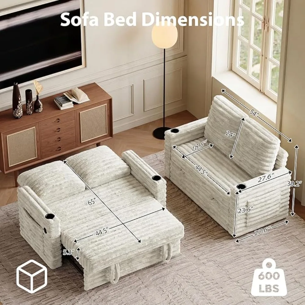 

3 in 1 Convertible Sleeper Soa Bed, Pull Out Couch or Living Room with Side kets, Cup Holders & USB Charging Port, Adjustbale Ba