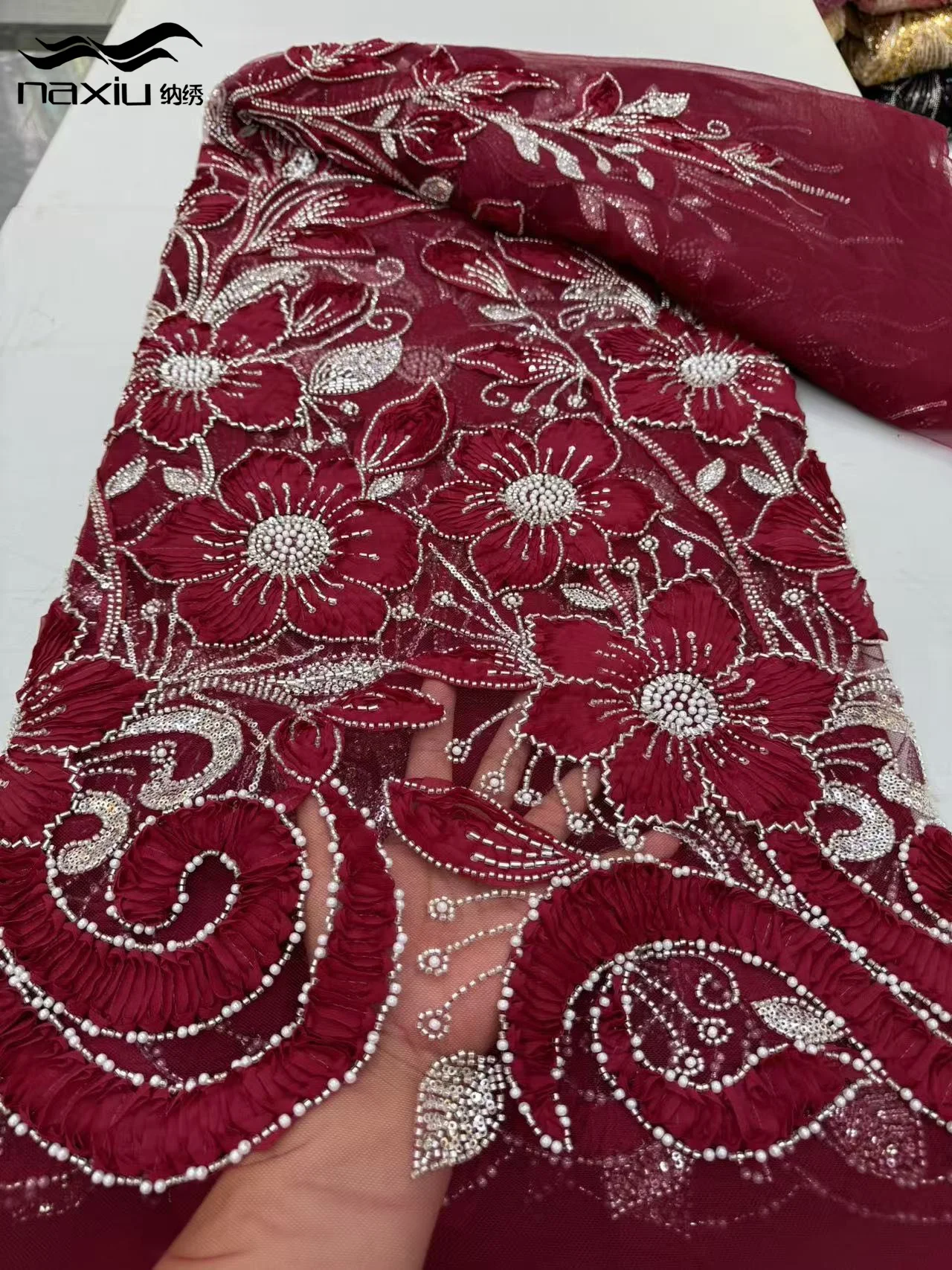 

Madison Wine Nigerian Luxury Sequins Tulle Lace Fabric High Quality Beads African Lace Fabrics French For Women Wedding Party