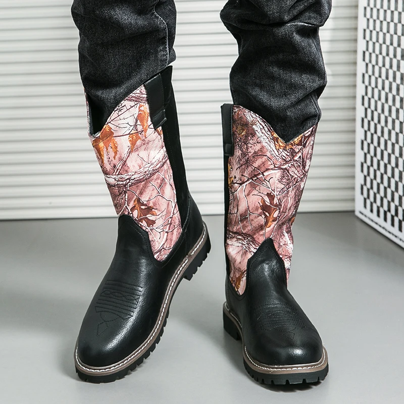 Men High Top Western Cowboy Boots with European and American Style Leaf Size Large Fashionable Motorcycle Boots