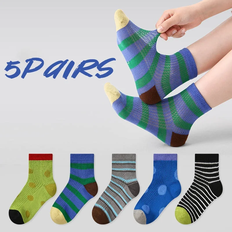 5 Paare/los Sommer Kind Jungen Socken 1-12Years Dünne Atmungsaktive Mesh Socken Gestreiften Dot Kinder Jungen Nette Socken Coole Stokings Für Jungen