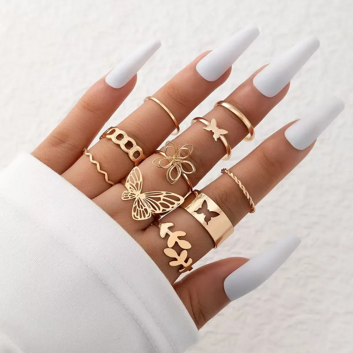 New Simple 10 Pcs Flower Butterfly Leaves Geometric Twisted Hollow Ring Set for Women Female Charm Party Wedding Jewelry Gift