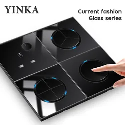 YINKA Tempered Glass 1/2/3/4 Gang 1/2 Way On / Off Wall Light Switch LED Indicator FR EU Standard Universal Home Socket Black