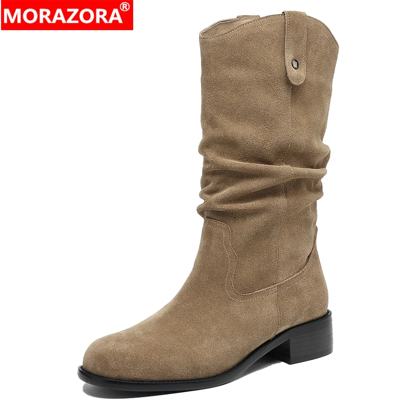 

MORAZORA Plus Size 34-44 New Cow Suede Leather Mid Calf Boots Women Pleated Handmade Half Western Boots Winter Shoes