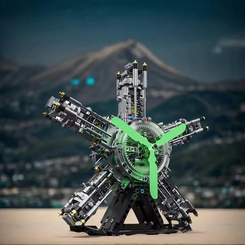 MOC Technical Radial Engine 863PCS Building Blocks Motorized S-Cylinder Aircraft Model with LED Light STEM Toy for Kids Adults