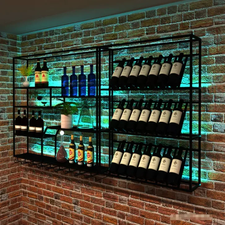 #@Factory-made iron art wall-mounted wine rack, decorative display stand, display shelf, wine cabinet with light effect