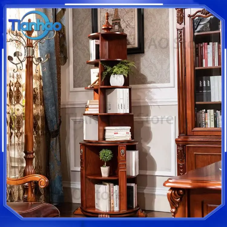 6-Tier Luxury American Style Rotating Bookcase for Home Office Living Room European Classical Solid Wood Bookshelf