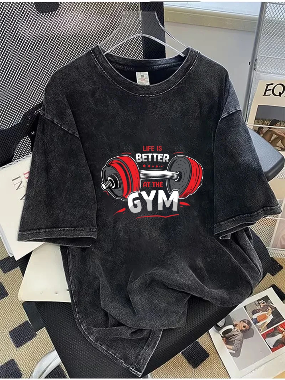 Koreanischer Stil GYM MODE ON Grafik-T-Shirt mit kurzen Ärmeln, übergroßes Baumwoll-T-Shirt, trendige Ins-Ästhetische Streetwear für Männer und Frauen – Detail 3