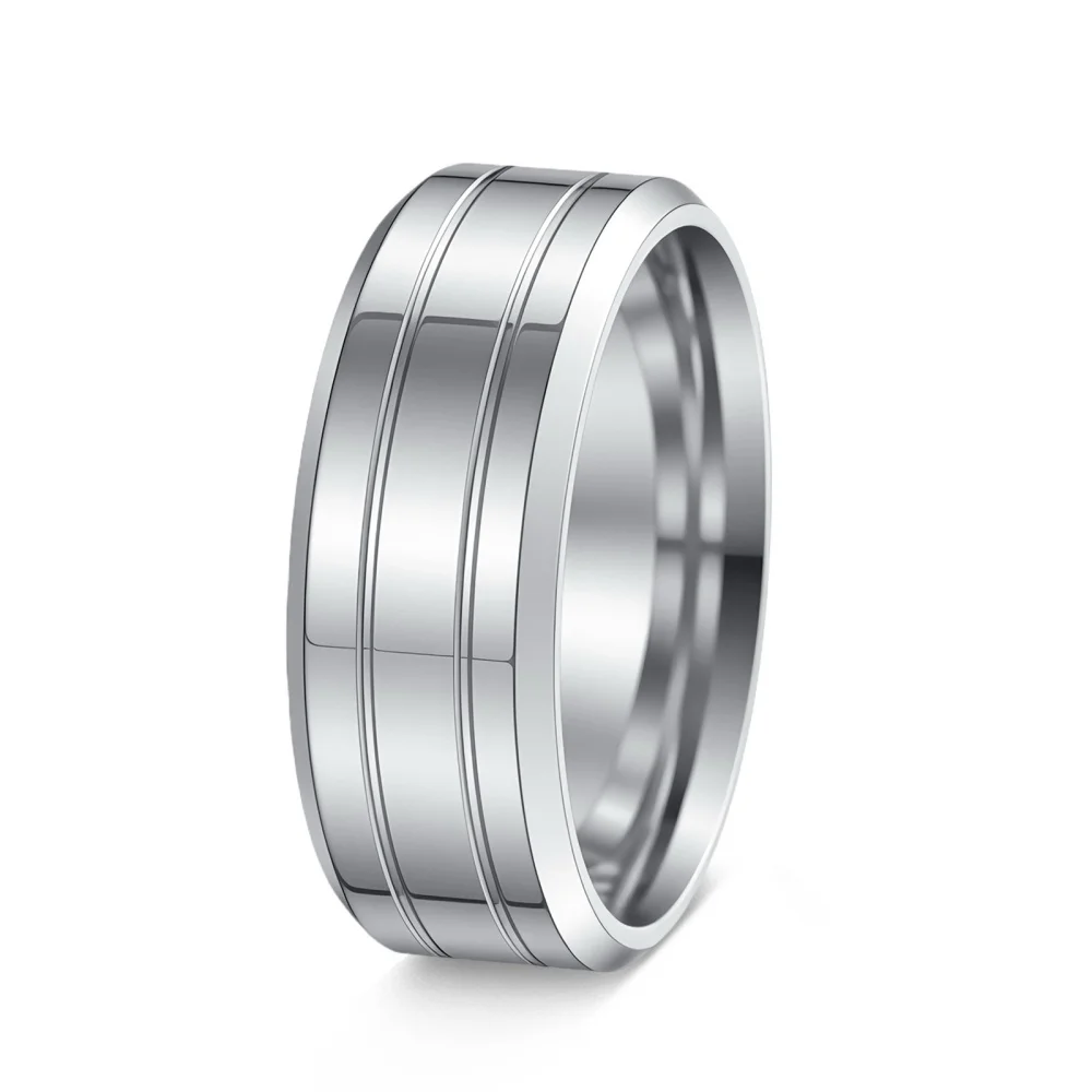 Breiter, flacher Rand, Edelstahlring, doppelter Rillen-Linearband für Herren, moderner, minimalistischer, polierter Schmuck, Ring in Goldfarbe. – Detail 7