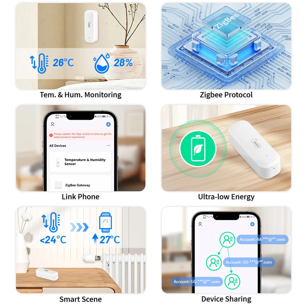 Aubess zigbee/wifi tuya inteligente sensor de temperatura e umidade vida inteligente app controle remoto sem fio trabalho com alexa google casa