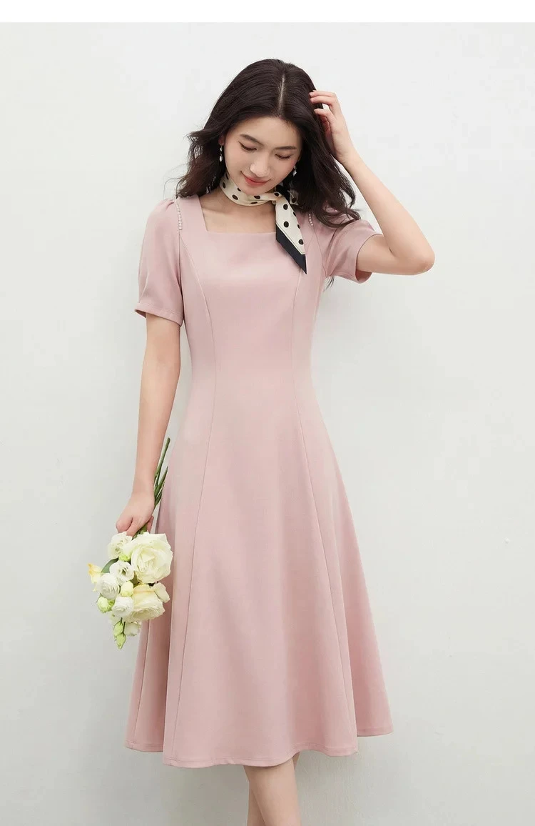 SENTUBILA Damen Einfaches A-Linien-Kleid 2026 Sommer Büro Elegantes Kleid mit Quadratischem Ausschnitt und Perlenketten-Detail Kurzarm Q62LI6575X – Detail 22