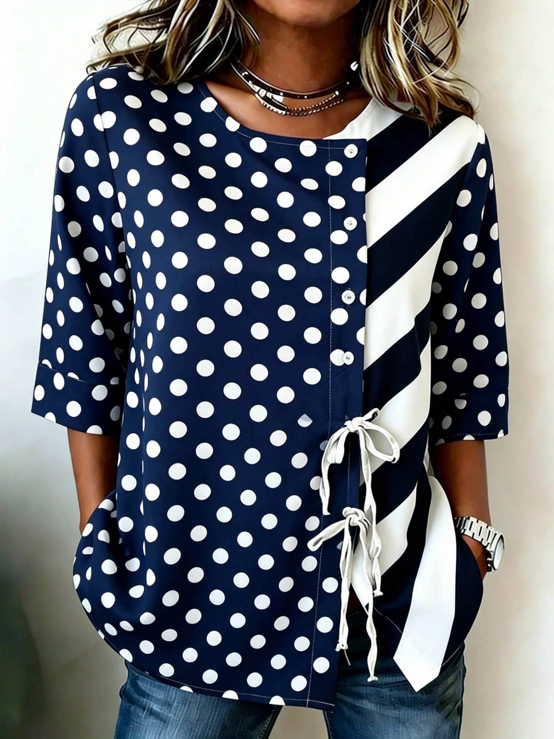 Women's Pink Polka Dot & Stripe Patchwork Drawstring Button Up Blouse, Casual Round Neck Tops for Spring Summer Daily Wear