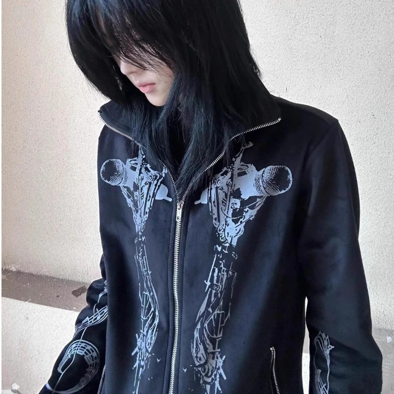 

Subculture Harajuku Vintage Safari Coats with Hooded Women Zipper Sweatshirts Casual Streetwear Grunge Jacket Y2k Stand Neck