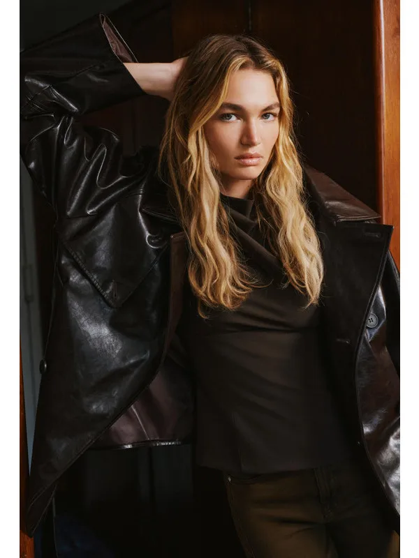 

ort PU Leather Jaet Women's Loose Fit Double Breasted Coat Autumn New Sle Faionable Commute Polyester Long Sve