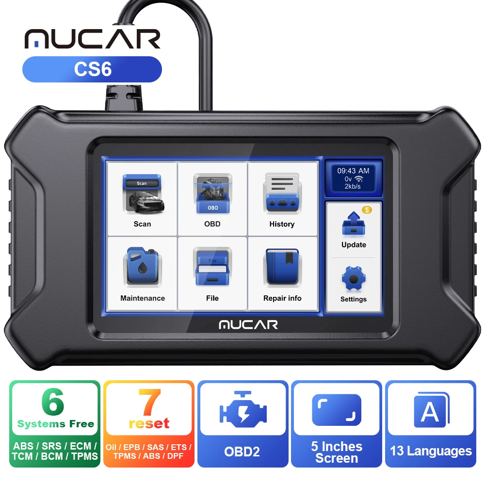 MUCAR CS4 CS6 OBD2 Car Diagnostics tool Automotive scanner tools with ABS SRS ECM TCM BCM TPMS system 5/7 resets Lifetime Free