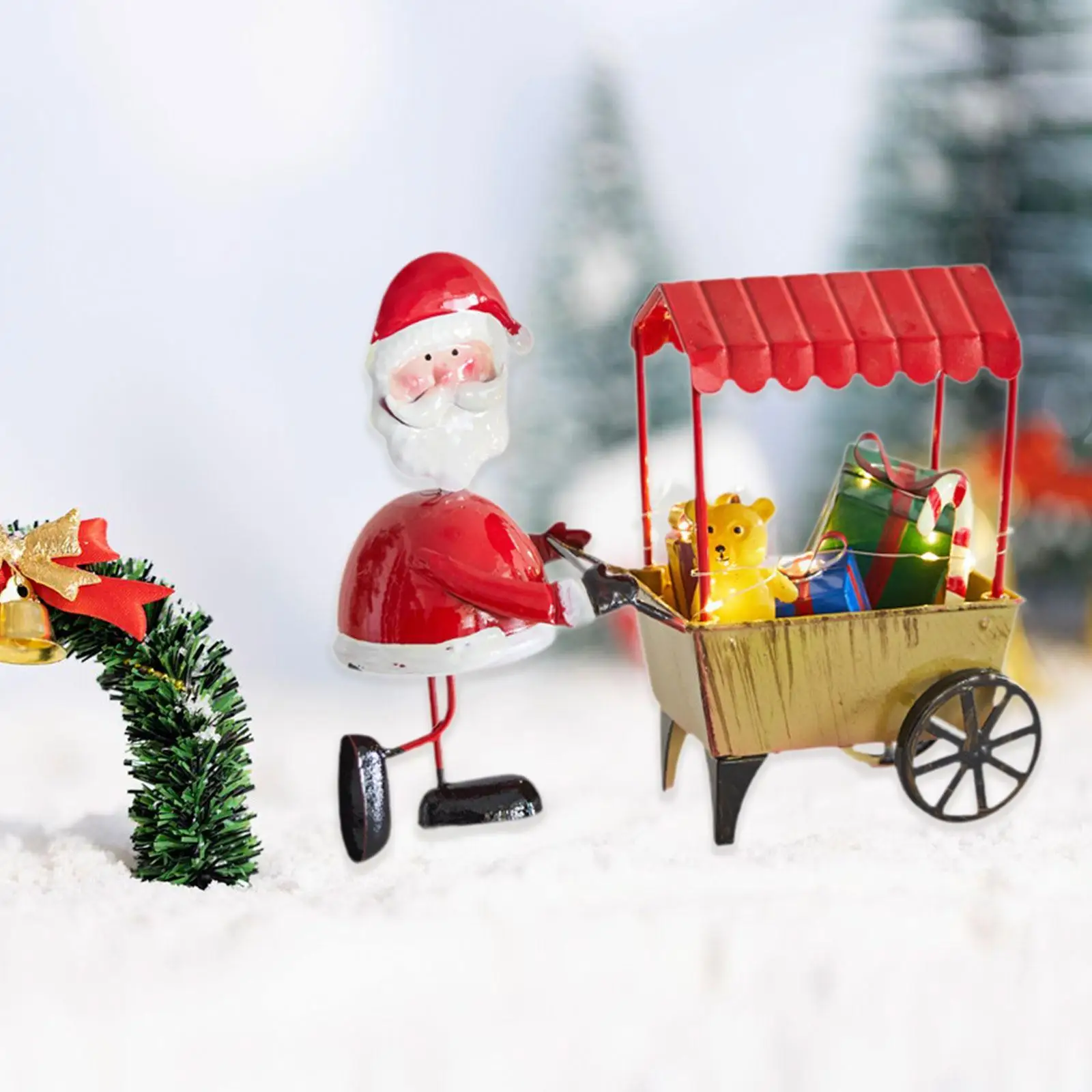 Xmas Character Pushing The Cart Figurine 9.4x3.5x7.6inch Lovely Desktop Ornament Photo Prop for Bookshelves Hand Painted Sturdy