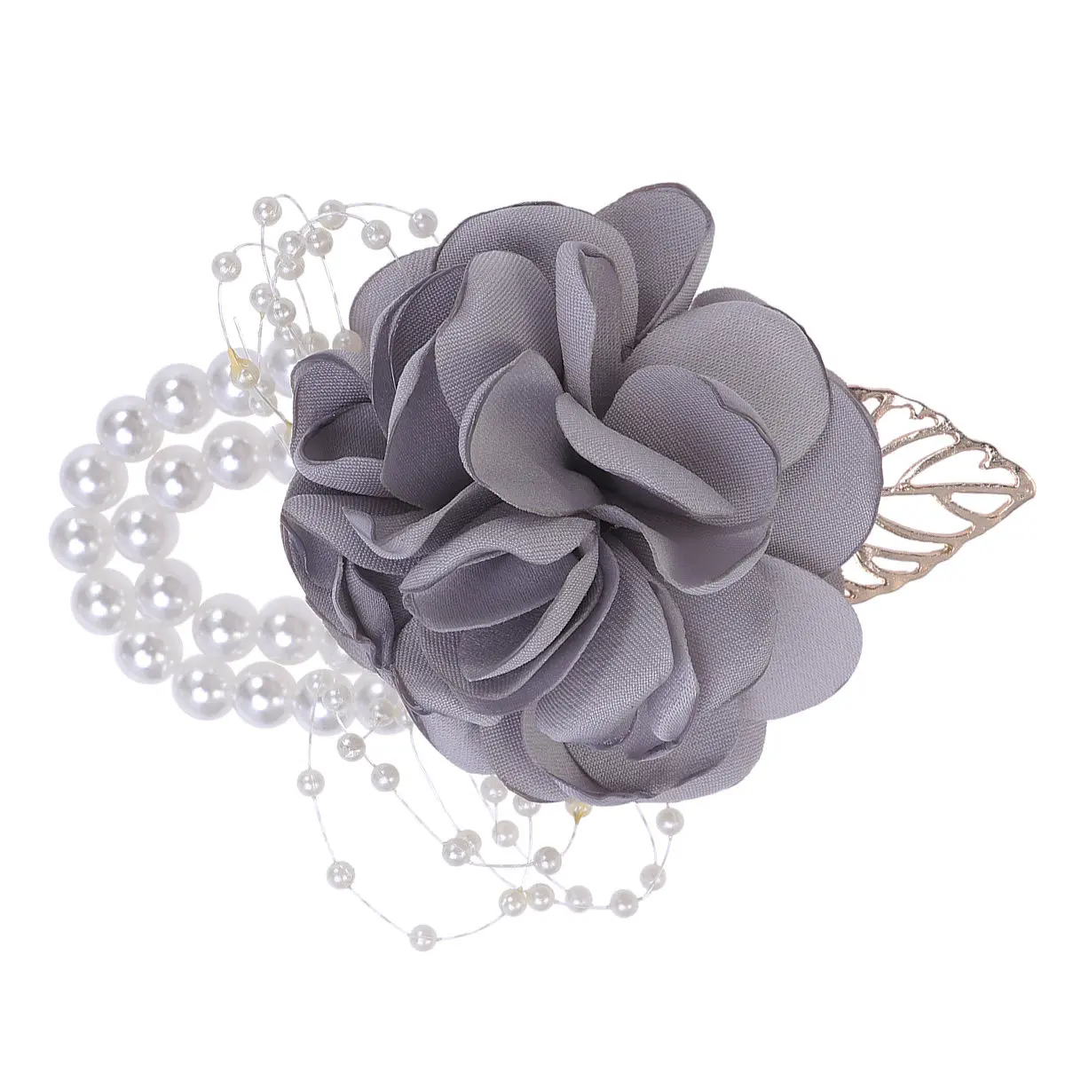 Light Grey Artificial Rose Wrist Corsage Elastic Pearl Bracelet Bridal Bridesmaid Wedding Prom Flower Decoration