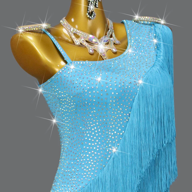 New Blue Latin Dance Competition Performance Fringe Dress Ballroom Sexy Stage Costume Practice Wear Plus Size abbigliamento donna Cha Personalizzazione Avanzata Nuovi prodotti e serie Fashion Dance Gonna Danza latina