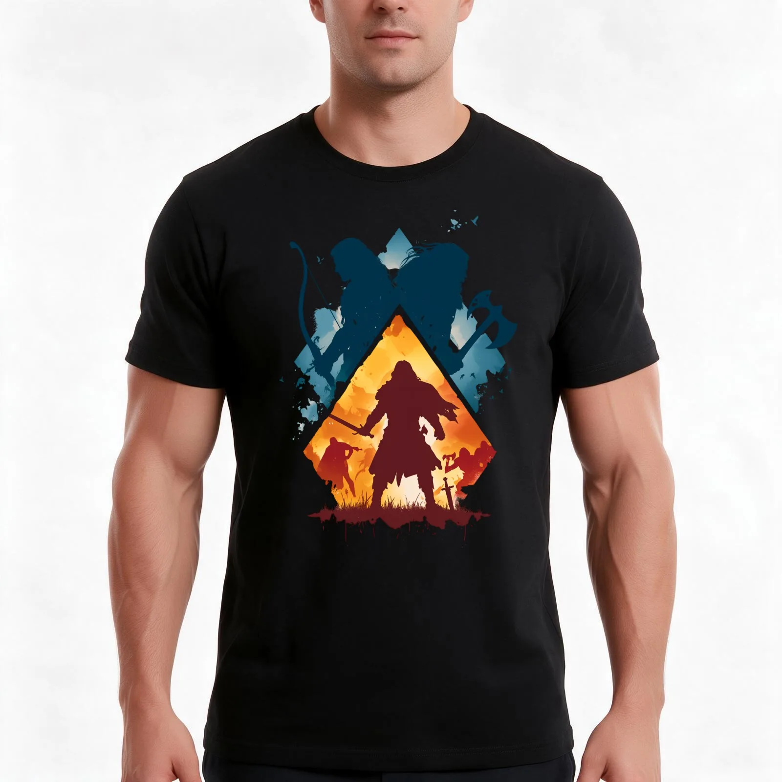 The Companions - Bow, Sword and Axe - Fantasy T-Shirt, Summer Casual Cotton Tee, Oversized Streetwear Tops, Unisex Men Women