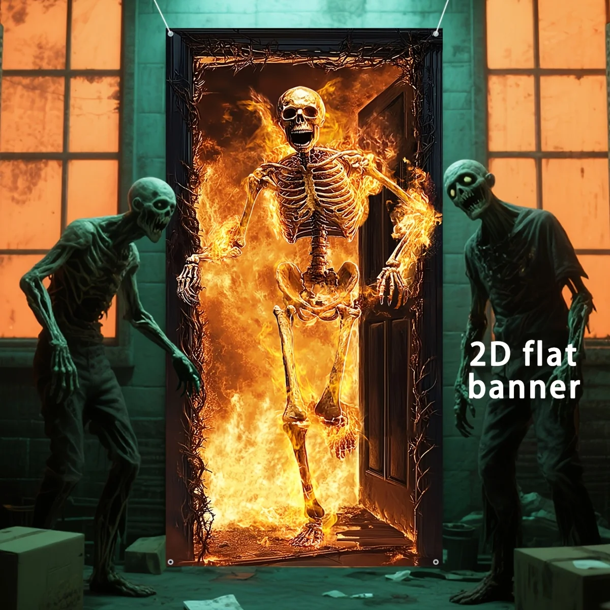 2D-Türvorhang-Banner, 1 Halloween-Türvorhang – brennende Totenkopf-Horror-Dekoration, Halloween-Party-Banner für drinnen und draußen