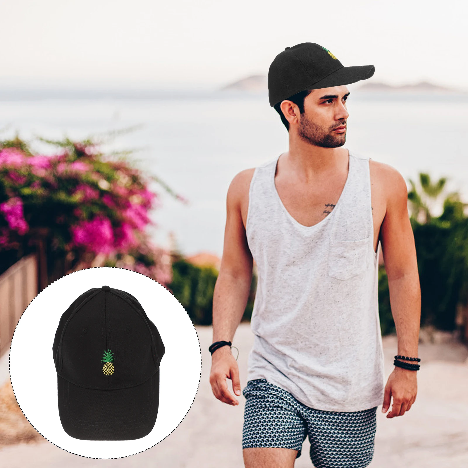 

Pineapple Embroidery Cotton Baseball Cap Low Profile Sun Hat Unisex Adjustable Black Twill Cap For Outdoor Uv Protection
