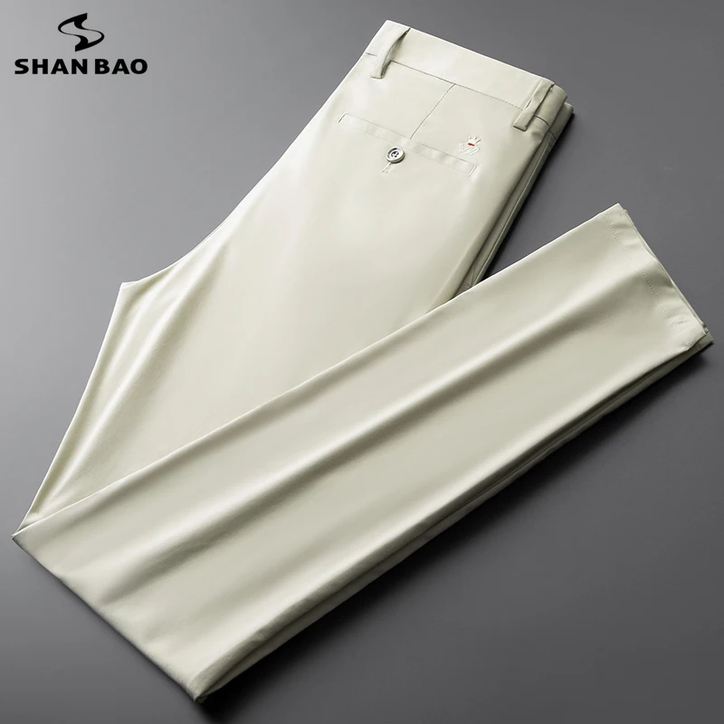 

SHAN BAO summer brand thin cotton stretch men's fit straight trousers embroidery business casual high waist lightweight pants