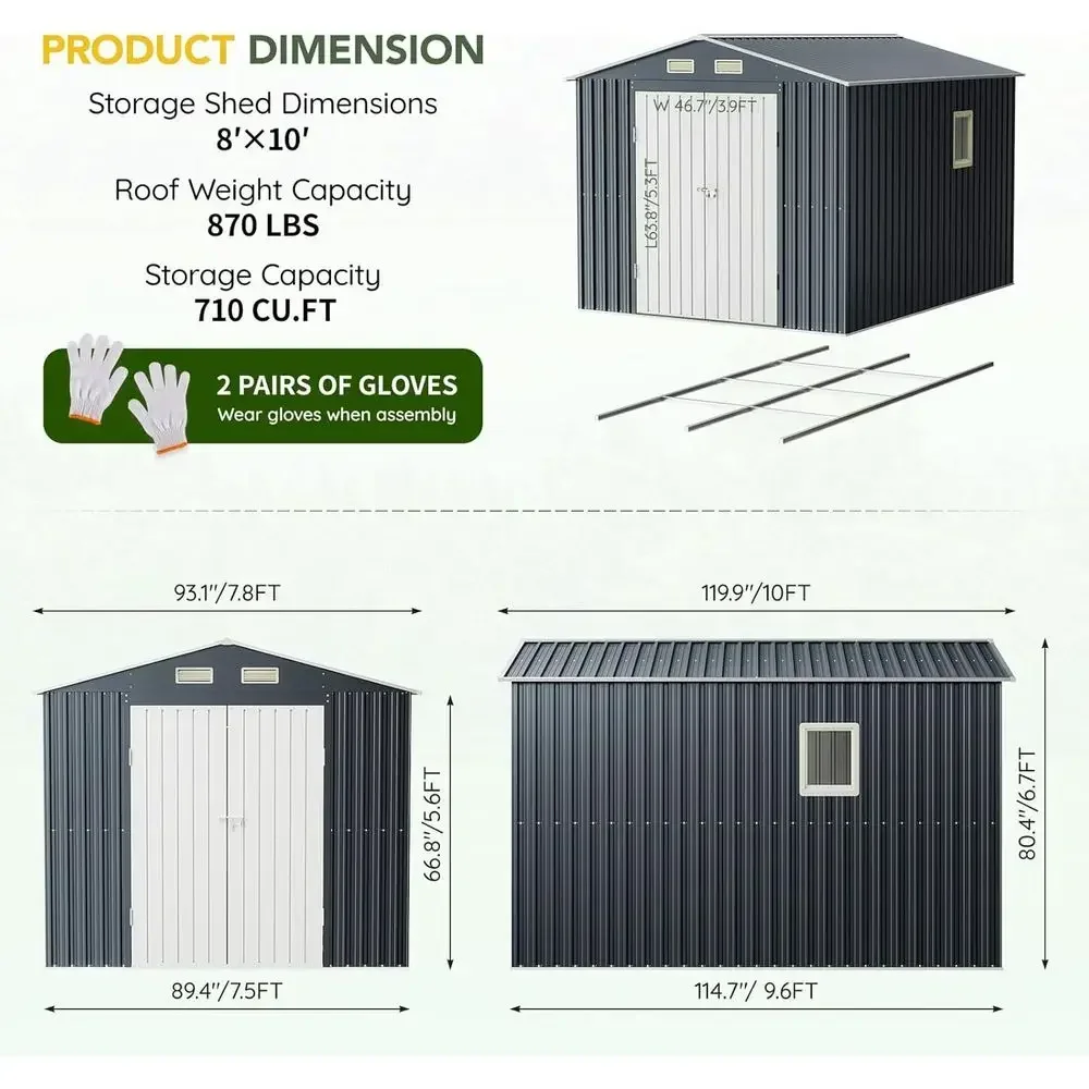 10x8ft Outdoor Metal Shed with Floor, Double Doors, Clear Windows for Tool Storage or Garden Use