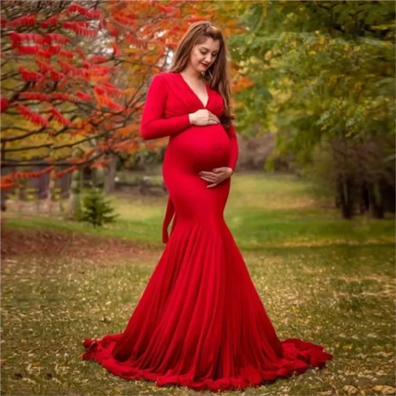 

Elegant Cotton Maternity Dresses For Photo Shoot Pregnant Women Dress Long Sleeve V-Neck Pregnancy Photography Shower Dress