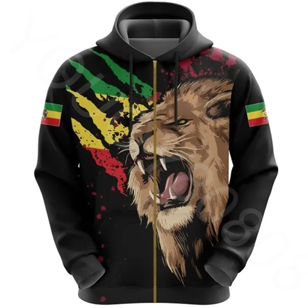 

Autumn Winter African Zone Men's Sweatshirt Casual Print Loose Hoodie - Ethiopia Rasta Lion Judah Flag Zip Hoodie 2022