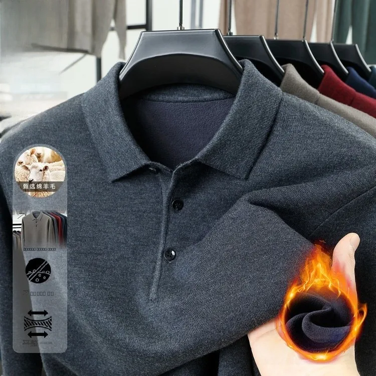 

Men's Winter Thiened Fce Wool Blend Knitwear irt Collared Versatile Warm Soft Busin Sle Long Sve Casual F...