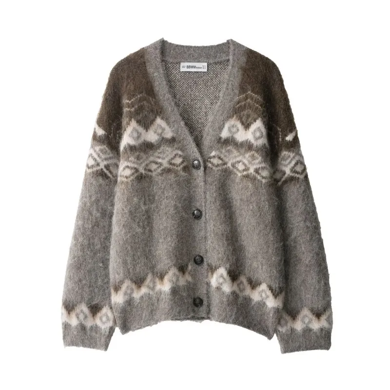

Women Brushing Effect Jacquard Knitted Cardigan Autumn V Neck Single Breasted Coat Loose Long Sleeve Casual Female Sweater