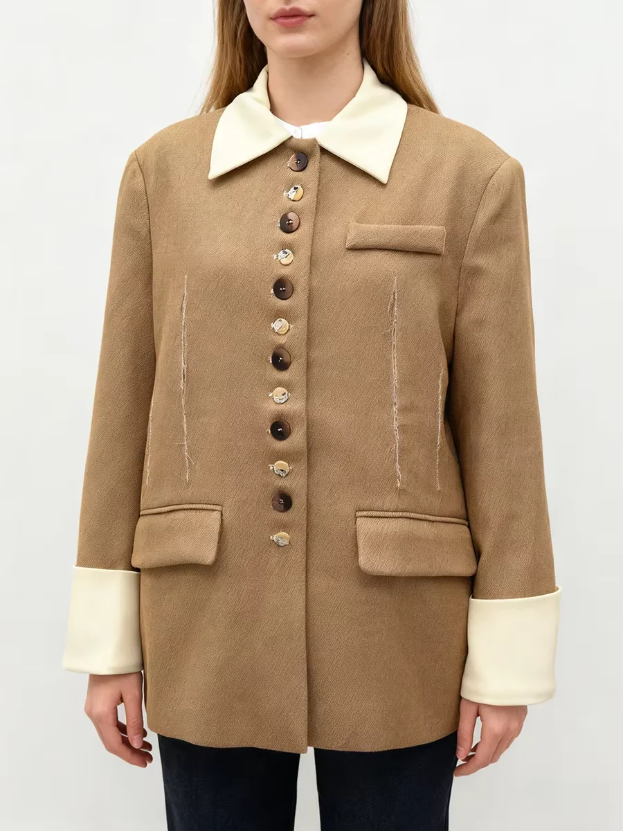 VGH Vintage Distressed Zerrissene Jacke für Frauen Revers Langarm Patchwork Unregelmäßige Tasten Britischen Süßen Stil Mantel Weibliche Neue