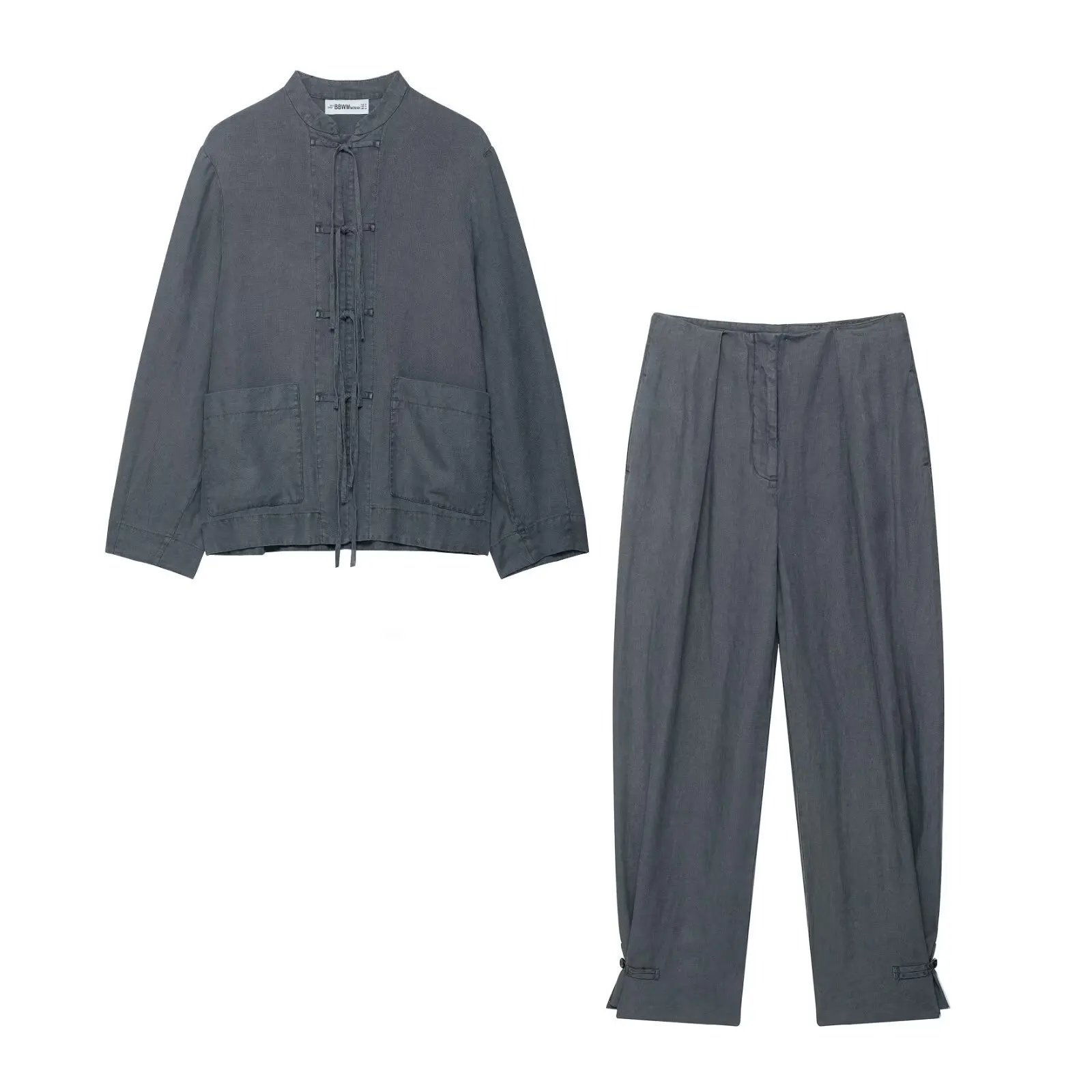 

Women's Chinese Style Long Sleeve Shirt Set with Pockets Casual Pencil Pants Fashion Autumn Street Outfits