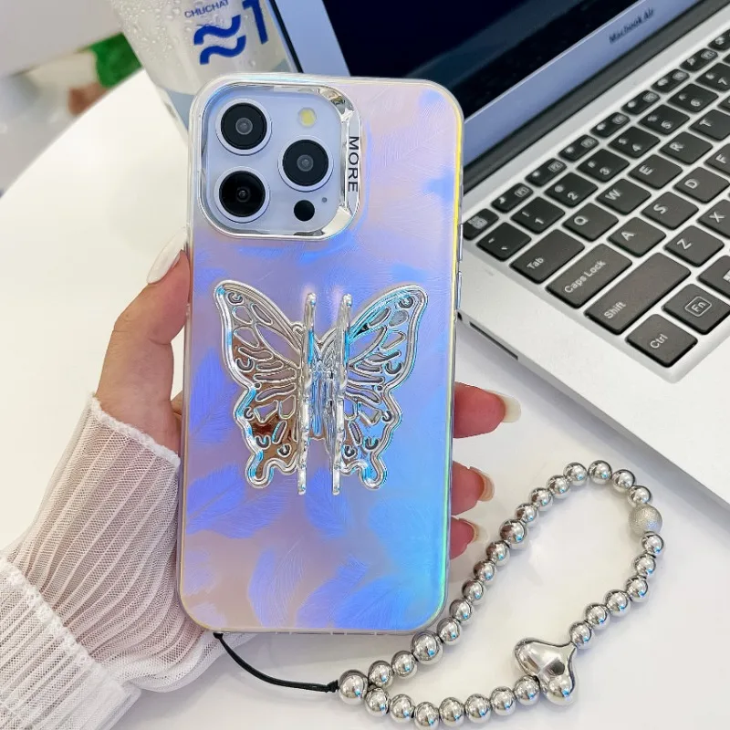 

Luxury 3D Laser Butterfly Phone Bracket IPhone 16 Promax Phone Case For IPhone 15PRO 14 13 Plating Feather Accessory Back Cover