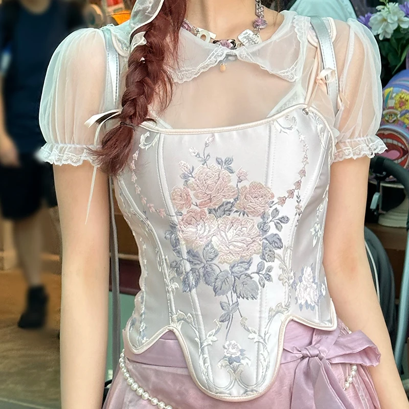 

Vintage Embroidered Rose Corset Top Women Sexy Bustier with Straps Gothic Lace Up Slimming Body Shaper Pink Blue Corsets