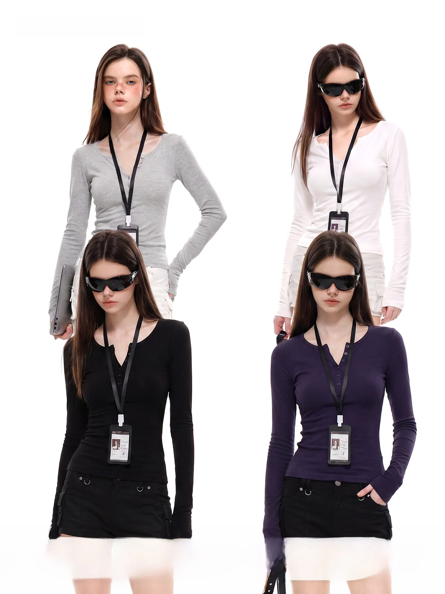 UNCMHISEX Slim Fit Long Sleeve T-Shirt Women's Autumn Base Layer Shirt Half Open Collar Close Color Casual Style Inner Wear