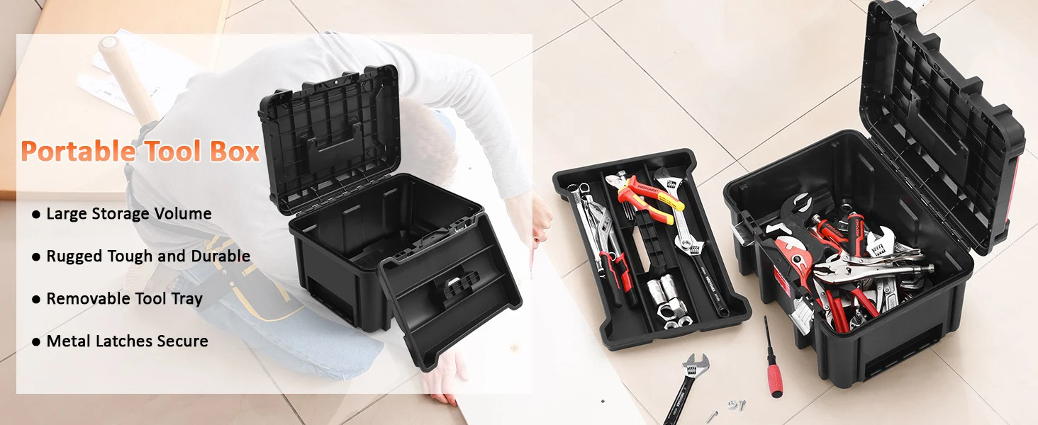 Große Werkzeugkiste, Hardware-Werkzeugkasten, Werkzeugkoffer mit großem Fassungsvermögen und herausnehmbarem Fach, tragbarer Kunststoff-Werkzeugorganizer – Detail 1