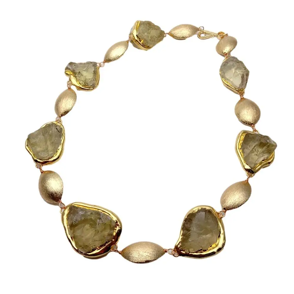 Y.YING Natural Lemon Quartz Rough Raw Necklace Gold Plated Brushed Bead Yellow Gemstone Semi Precious Women Jewelry