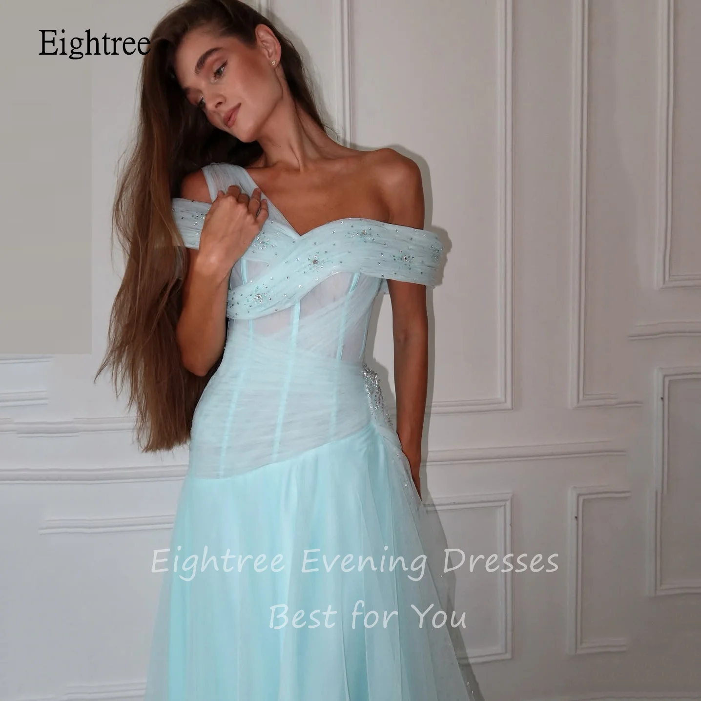 Eightree おとぎ話アクアブルー A ラインウエディングドレスオフショルダービーズパーティードレスフロアレングスガールドレスガウンカスタマイズ