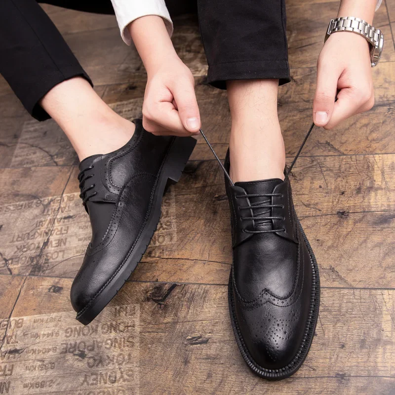 XIHAHA Men Leather Shoes Business Dress Shoes All-Match Casual Shock-Absorbing Footwear Wear-Resistant Wedding Shoes