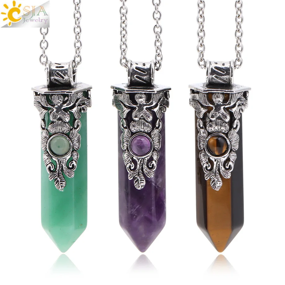 CSJA Energy Crystal Hexagonal Pendant Necklace Natural Stone Amethyst Rose Quartz Pendants for Women Men Charms Jewelry H897