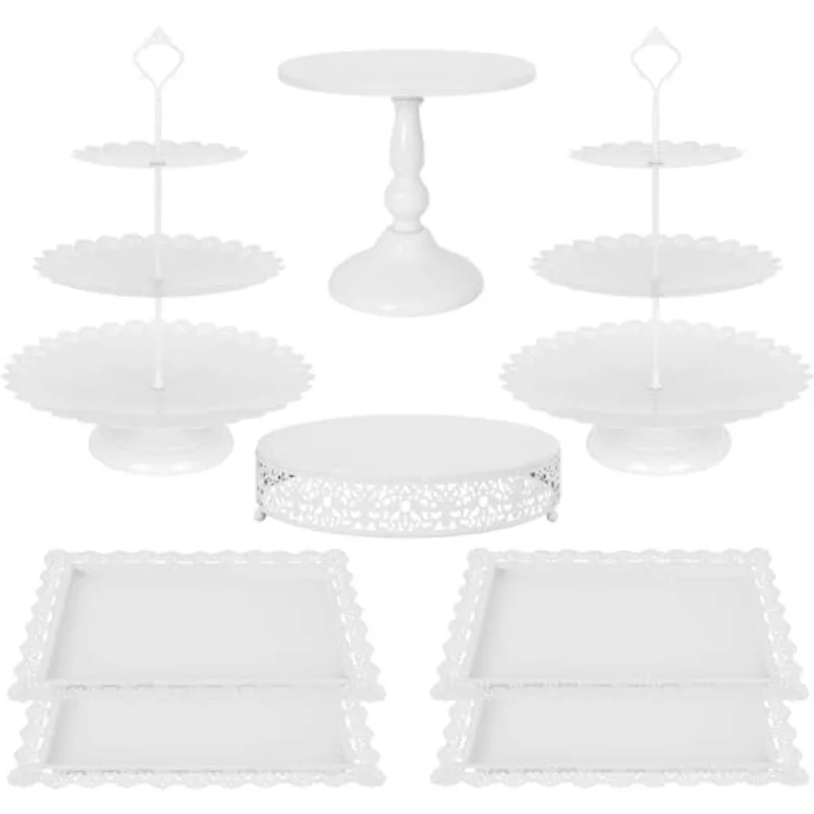 

Набор из 8 предметов: подставка для торта из белого металла, 3-ярусная подставка для кексов, выставочная стойка для десертов и поднос для печенья