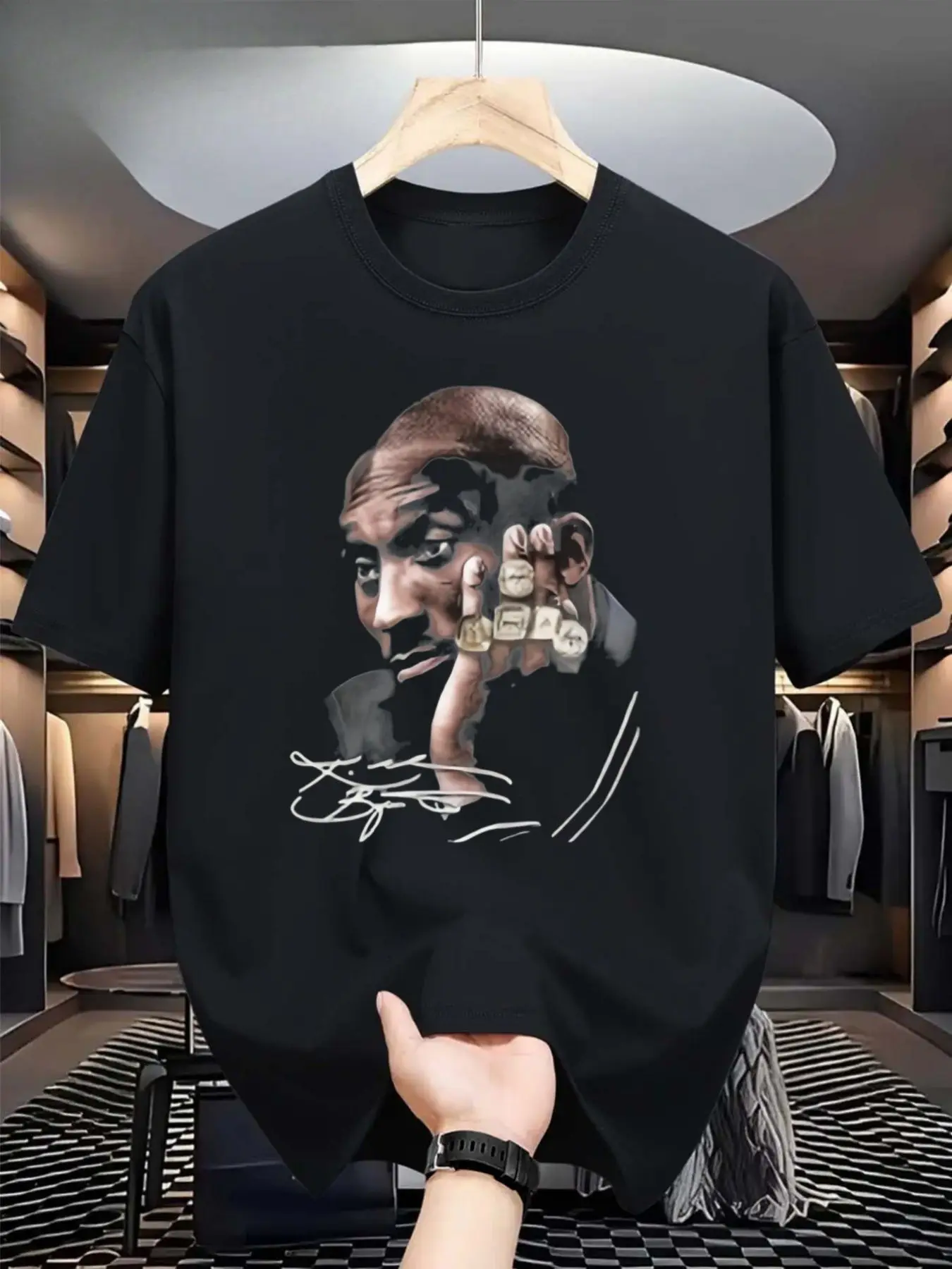 Bald Man Portrait Graphic Plus Size T-Shirt - Unique Black Tee with Gold Rings Detail, Signature Design - Stylish Casual Wear for Trendy Men, Perfect Gift for Fashion Enthusiasts