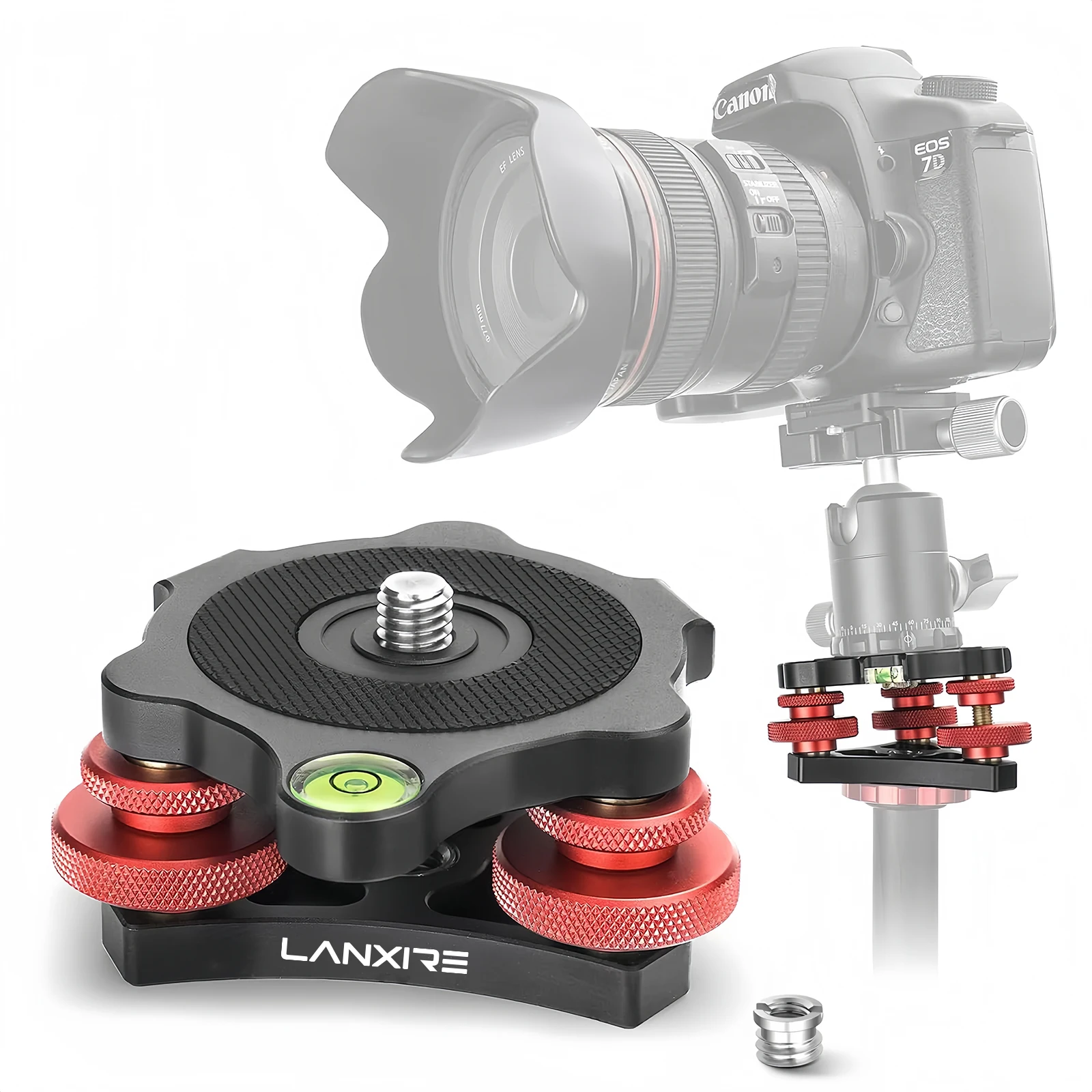 

Lanxire Tripod Head Leveling Base Camera Leveler, Aircraft Grade Aluminum Alloy 3 Axis Tri Wheel Head, 3/8” Thread