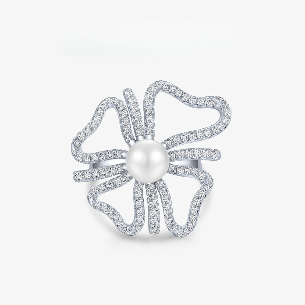 Natural Pearl Hollow Silver Ring with Full Set of Diamonds and Adjustable Opening for Ins Style S925 Silver New Wedding Jewelry