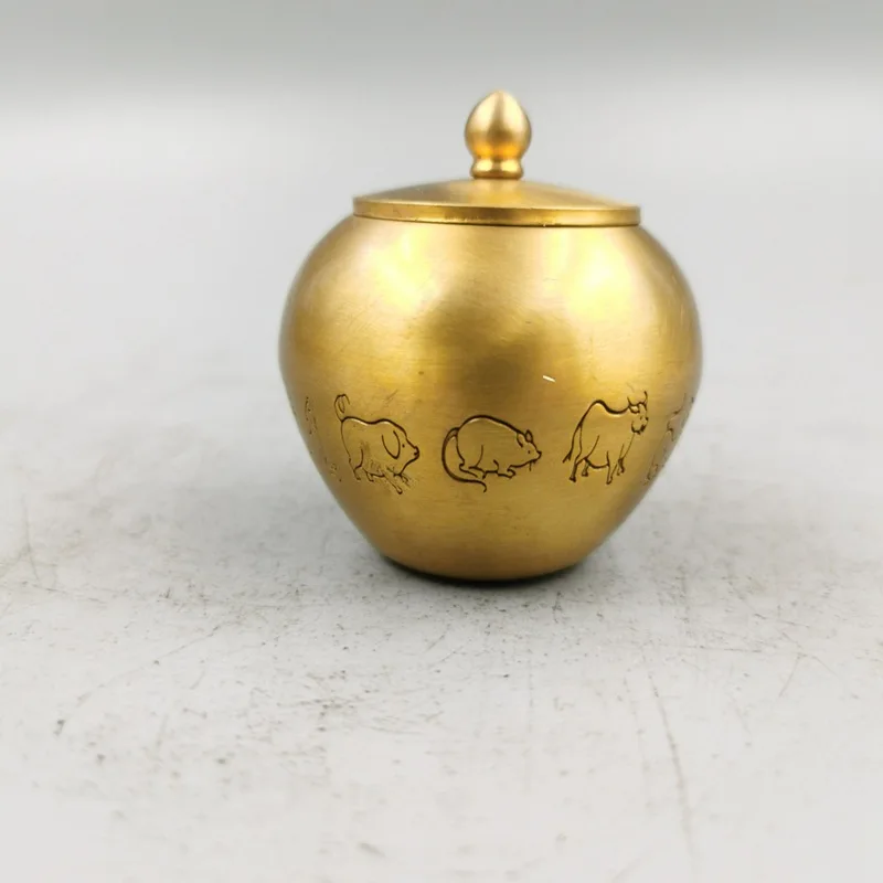 

Brass Zodiac Small Jar Tea Canister Ornament Antique Copperware Miscellaneous Collection Storage Jar