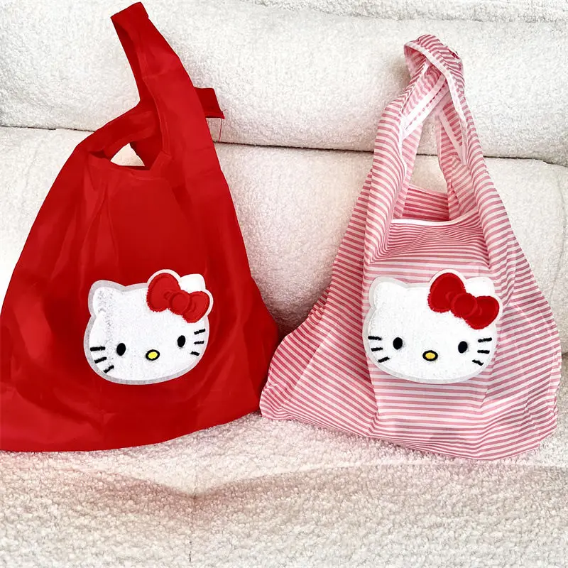 New  Hello Kittty Handbag Anime Cute Oxford Cloth Striped Shoulder Bag Large Capacity Dopamine Versatile Shopping Tote Bag