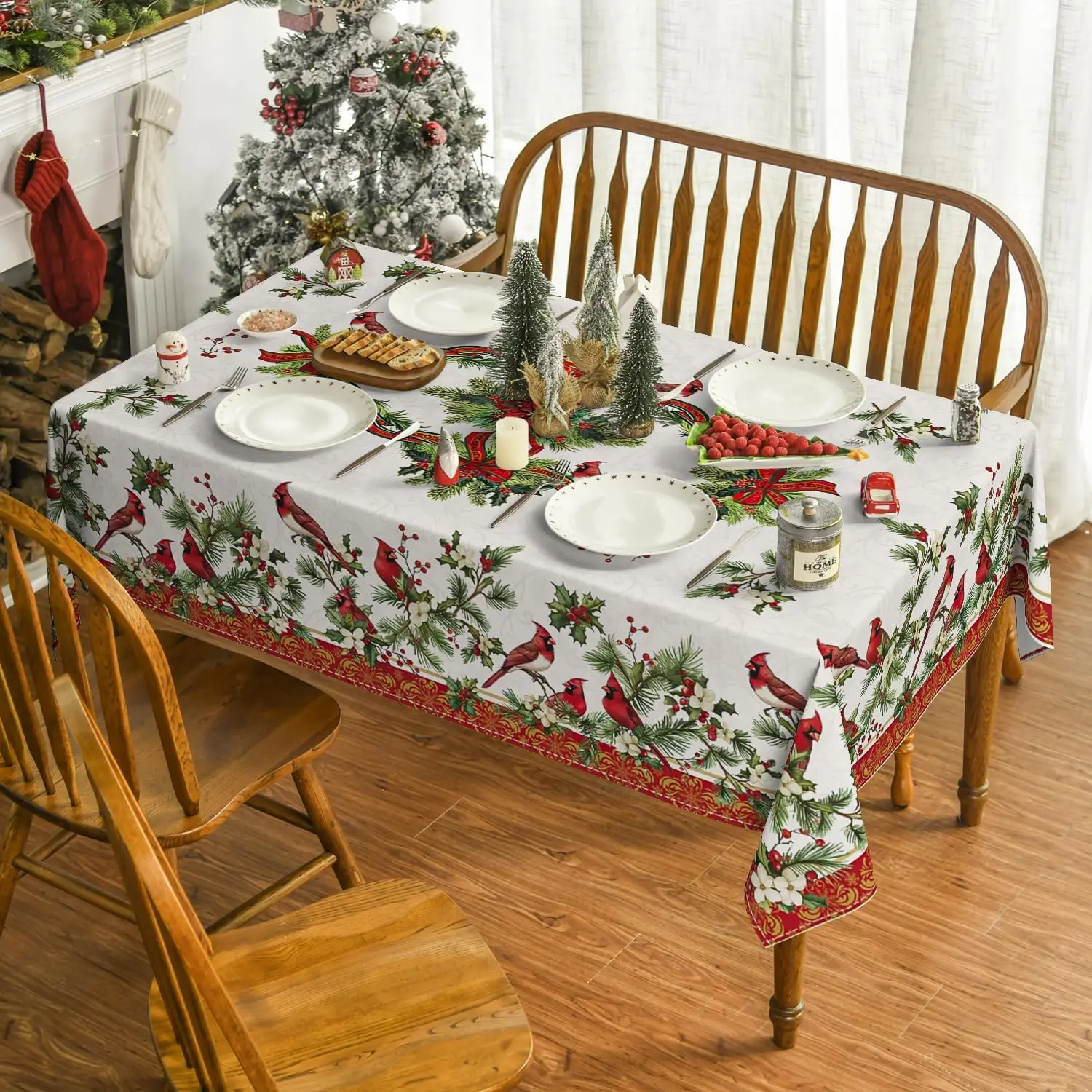 Christmas Cardinal Bird Pine Cone Waterproof Tablecloth Table Decor Winter Xmas Kitchen Dining Tablecloth Christmas Decorations