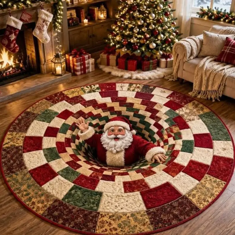 VIKAMA 3D Santa Claus Round Rug Quilted Spiral Vortex Circular Carpet Non Slip Soft Floor Mat for Living Room Bedroom Christmas
