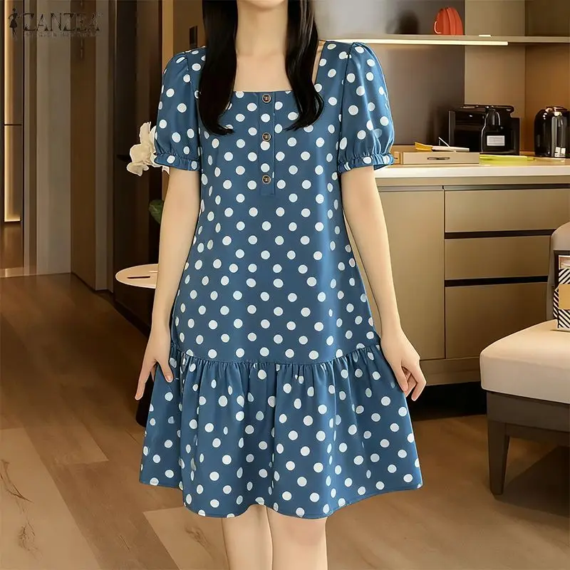 ZANZEA Damen Sommerkleid 2026 Elegantes Lässiges Urlaubs-Strandkleid mit Quadratischem Ausschnitt Kurzarm Polka Dots Knielang