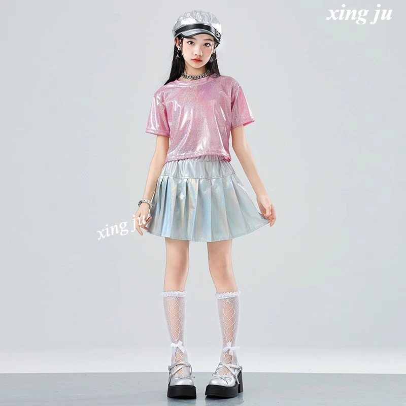 Conjuntos de Hip Hop para niñas, Top corto rosa brillante para baile callejero, Falda plisada plateada, ropa de calle para niños, disfraz de Jazz, ropa para espectáculo en escenario